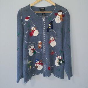 Designers Originals Large Christmas Cardigan-Full Zip-Snowman-Beaded-Wool Blend